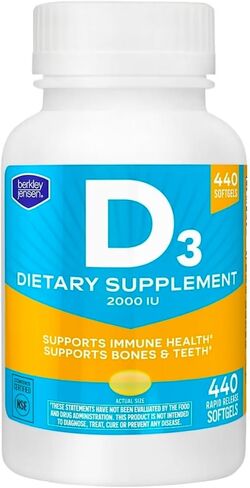 berkley jensen High Potency Vitamin D3 2000IU (50 mcg) Supplement (640 - Count), Supports Teeth, Muscle, Immune Function, and Bone Health, Non-GMO, Gluten Free, Men and Women in Kuwait