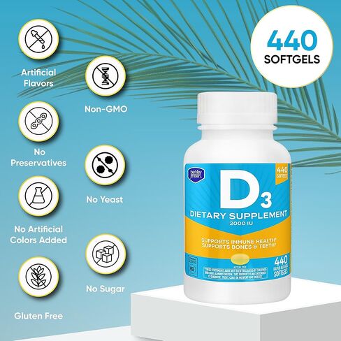 berkley jensen High Potency Vitamin D3 2000IU (50 mcg) Supplement (640 - Count), Supports Teeth, Muscle, Immune Function, and Bone Health, Non-GMO, Gluten Free, Men and Women in Kuwait