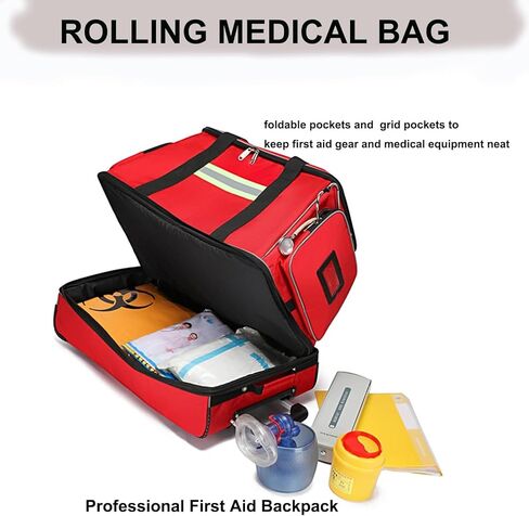 Nurse Rolling Bag Emergency Rescue Kit for Outdoor Hiking, Large Capacity Medical Trolley Bag Empty, with Multiple Pockets and Compartments, for Home Health Nurses, Doctors, EMT, EMS in Kuwait