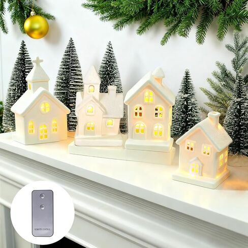 ZTL 7PCS Christmas Village Sets - 3 LED Lighted Ceramic White Christmas Village Houses with Remote & 4 Trees, Porcelain Miniature Christmas Figurines Decorations for Home Tabletop Mantel Shelf Decor in Saudi Arabia