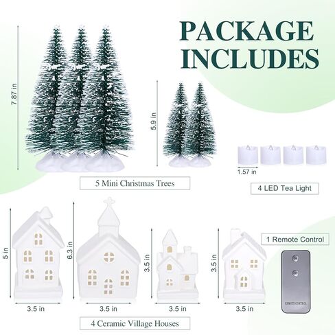 ZTL 7PCS Christmas Village Sets - 3 LED Lighted Ceramic White Christmas Village Houses with Remote & 4 Trees, Porcelain Miniature Christmas Figurines Decorations for Home Tabletop Mantel Shelf Decor in Saudi Arabia