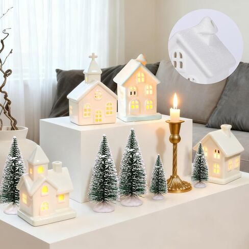 ZTL 7PCS Christmas Village Sets - 3 LED Lighted Ceramic White Christmas Village Houses with Remote & 4 Trees, Porcelain Miniature Christmas Figurines Decorations for Home Tabletop Mantel Shelf Decor in Saudi Arabia