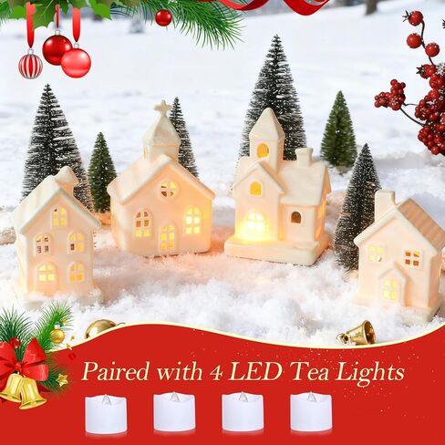 ZTL 7PCS Christmas Village Sets - 3 LED Lighted Ceramic White Christmas Village Houses with Remote & 4 Trees, Porcelain Miniature Christmas Figurines Decorations for Home Tabletop Mantel Shelf Decor in Saudi Arabia