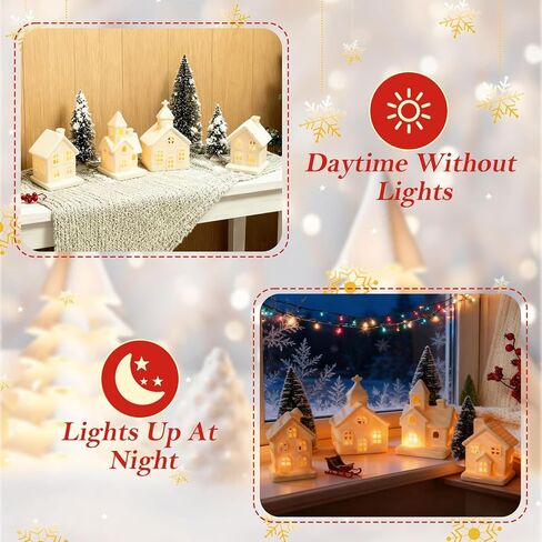 ZTL 7PCS Christmas Village Sets - 3 LED Lighted Ceramic White Christmas Village Houses with Remote & 4 Trees, Porcelain Miniature Christmas Figurines Decorations for Home Tabletop Mantel Shelf Decor in Saudi Arabia