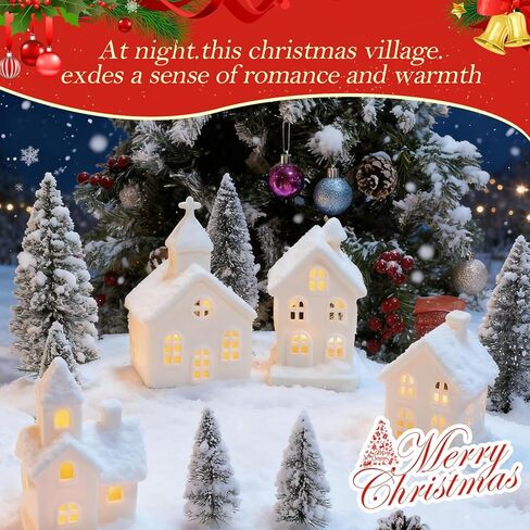 ZTL 7PCS Christmas Village Sets - 3 LED Lighted Ceramic White Christmas Village Houses with Remote & 4 Trees, Porcelain Miniature Christmas Figurines Decorations for Home Tabletop Mantel Shelf Decor in Saudi Arabia