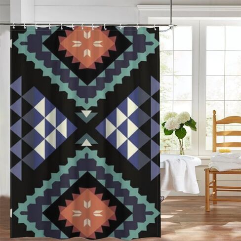 نافاجو القبلية الحافز ستارة دش طويلة مع السنانير، ستارة دش الصيف للماء نمط خمر، ستائر عطلة النسيج قابل للغسل الحد الأدنى لديكور حوض الاستحمام الرجعية 72 × 72 في in Kuwait