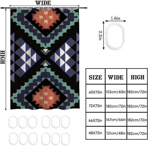 نافاجو القبلية الحافز ستارة دش طويلة مع السنانير، ستارة دش الصيف للماء نمط خمر، ستائر عطلة النسيج قابل للغسل الحد الأدنى لديكور حوض الاستحمام الرجعية 72 × 72 في in Kuwait
