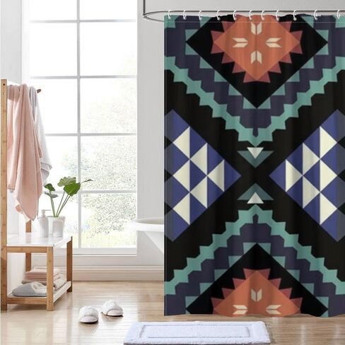 نافاجو القبلية الحافز ستارة دش طويلة مع السنانير، ستارة دش الصيف للماء نمط خمر، ستائر عطلة النسيج قابل للغسل الحد الأدنى لديكور حوض الاستحمام الرجعية 72 × 72 في in Kuwait