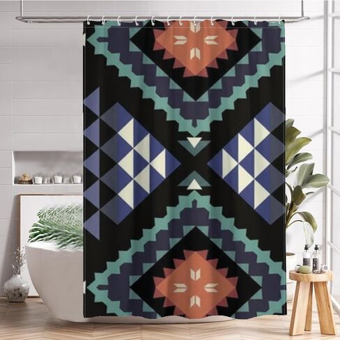 نافاجو القبلية الحافز ستارة دش طويلة مع السنانير، ستارة دش الصيف للماء نمط خمر، ستائر عطلة النسيج قابل للغسل الحد الأدنى لديكور حوض الاستحمام الرجعية 72 × 72 في in Kuwait