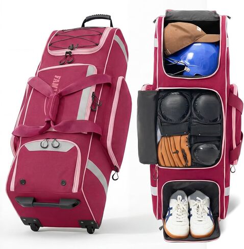 Fanwoli Rolling Baseball Bag with Wheels, Large Softball Catchers Gear Bags for 4 Bats, Separate Shoe Compartment, 3-Sided Safety Reflective Strips, Fence Hooks, Portable T- Ball Bag for Youth & Adult in Kuwait