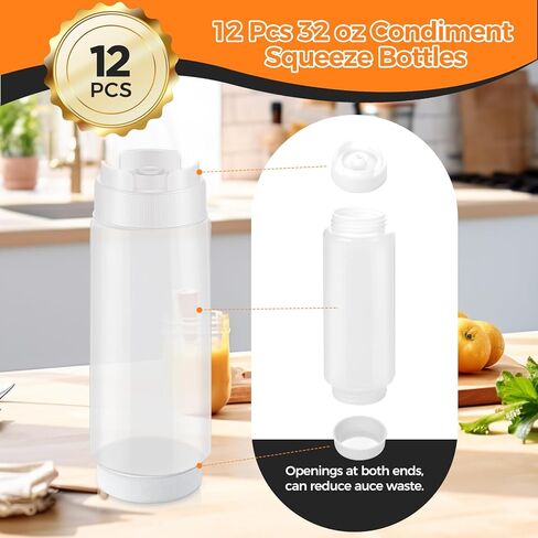 12 عبوة من زجاجات ضغط البهارات سعة 32 أونصة للمطعم، زجاجات ضغط صلصة بلاستيكية كبيرة مقلوبة، موزعات صلصة قابلة لإعادة الملء للكاتشب، وخلع الملابس، والمطبخ، وتقديم الطعام in Kuwait