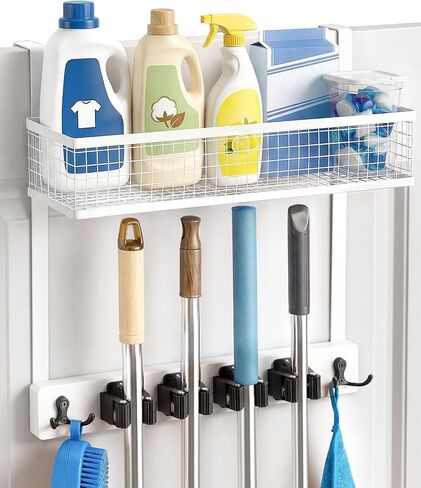 حامل مكنسة Lorbro فوق الباب مع منظم مستلزمات التنظيف، ممسحة خشبية وحامل مكنسة مثبت على الحائط، 4 مقابض، خطافين، رف تخزين بدون حفر، شماعة ممسحة لغرفة الغسيل، المرآب، التخزين in Kuwait