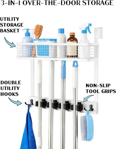 حامل مكنسة Lorbro فوق الباب مع منظم مستلزمات التنظيف، ممسحة خشبية وحامل مكنسة مثبت على الحائط، 4 مقابض، خطافين، رف تخزين بدون حفر، شماعة ممسحة لغرفة الغسيل، المرآب، التخزين in Kuwait