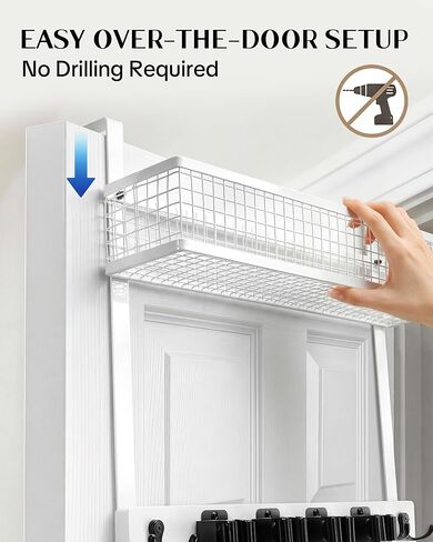 حامل مكنسة Lorbro فوق الباب مع منظم مستلزمات التنظيف، ممسحة خشبية وحامل مكنسة مثبت على الحائط، 4 مقابض، خطافين، رف تخزين بدون حفر، شماعة ممسحة لغرفة الغسيل، المرآب، التخزين in Kuwait