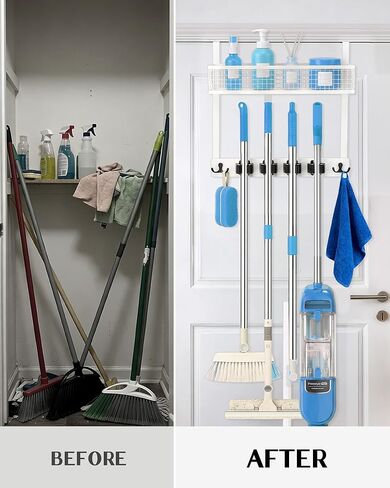 حامل مكنسة Lorbro فوق الباب مع منظم مستلزمات التنظيف، ممسحة خشبية وحامل مكنسة مثبت على الحائط، 4 مقابض، خطافين، رف تخزين بدون حفر، شماعة ممسحة لغرفة الغسيل، المرآب، التخزين in Kuwait