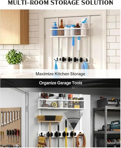 حامل مكنسة Lorbro فوق الباب مع منظم مستلزمات التنظيف، ممسحة خشبية وحامل مكنسة مثبت على الحائط، 4 مقابض، خطافين، رف تخزين بدون حفر، شماعة ممسحة لغرفة الغسيل، المرآب، التخزين in Kuwait