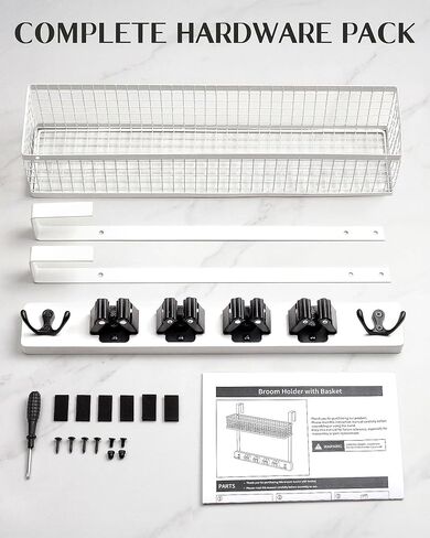 حامل مكنسة Lorbro فوق الباب مع منظم مستلزمات التنظيف، ممسحة خشبية وحامل مكنسة مثبت على الحائط، 4 مقابض، خطافين، رف تخزين بدون حفر، شماعة ممسحة لغرفة الغسيل، المرآب، التخزين in Kuwait