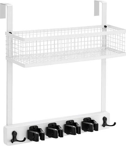 حامل مكنسة Lorbro فوق الباب مع منظم مستلزمات التنظيف، ممسحة خشبية وحامل مكنسة مثبت على الحائط، 4 مقابض، خطافين، رف تخزين بدون حفر، شماعة ممسحة لغرفة الغسيل، المرآب، التخزين in Kuwait