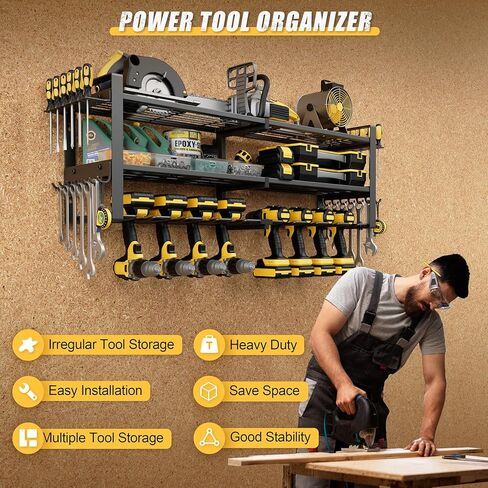 Power Tool Organizer Wall Mount, 3-Tier Tool Storage Rack with 8 Drill Holders, 300LBS Load Heavy Duty Cordless Tool Shelf for Garage Organization, Gift for Men in Kuwait