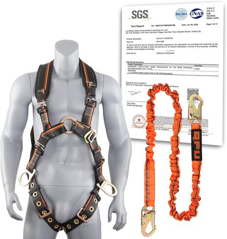 Full Body Safety Harness & Fall Protection Kit with Padded Straps, ANSI Compliant, Includes Shock-Absorbing Lanyard for Roofing, Construction and Industrial Use in Saudi Arabia