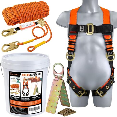 Safety Harness Fall Protection Kit - Roofing Harnesses 50ft Safety Rope Lanyard Kit 5 Gallon Bucket Kit Roof Top Anchor Construction Work 20pcs Nails Included in Saudi Arabia