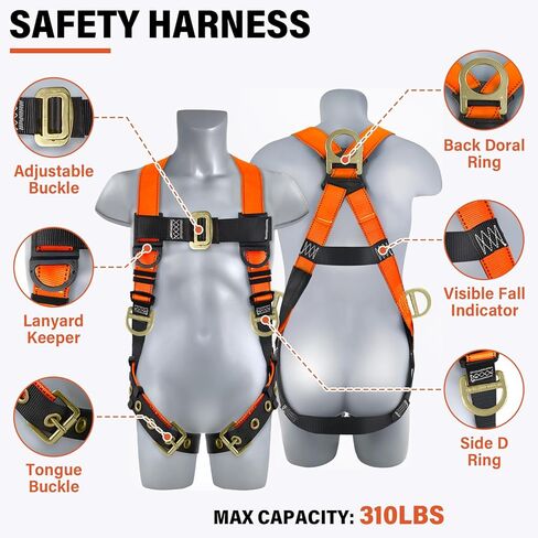 Safety Harness Fall Protection Kit - Roofing Harnesses 50ft Safety Rope Lanyard Kit 5 Gallon Bucket Kit Roof Top Anchor Construction Work 20pcs Nails Included in Saudi Arabia
