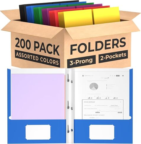 Folders, 3 Prong Folders with Pockets Bulk, (100 Pack), 2 Pocket Folders, Two Pocket Folders with Tabs, School Home or Office Supplies (100 Pack, Assorted Colors) in Kuwait