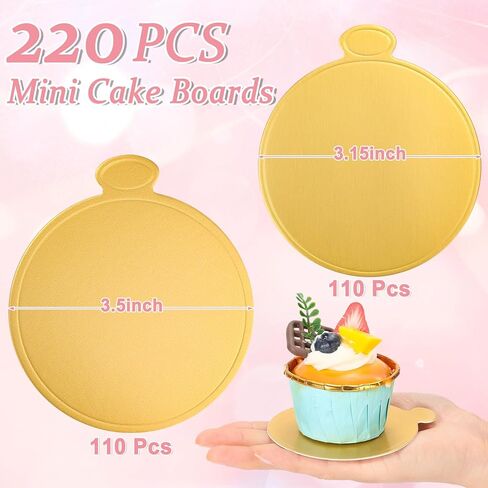 Jollidecor 220 PCS Mini Gold Cake Boards 3.5 inch & 3.15 inch Round Cake Base Mini Flan Tray Disposable Paper Plates for Cupcake, Dessert, Mousse Cake, Flan, Cheesecake in Kuwait