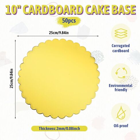 Giantree 50 Pack 10 Inch Gold Cake Boards Round Disposable Cake Base Board Circle Cakes Cardboard Rounds Scallop Edge Grease Proof Coated Plate for Wedding Christmas Birthday Decorating in Saudi Arabia