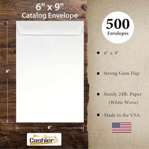 500 Cashier Depot 6" x 9" Catalog Envelope (Open End), Premium 24lb White, Gum Flap (500 Envelopes) in Kuwait