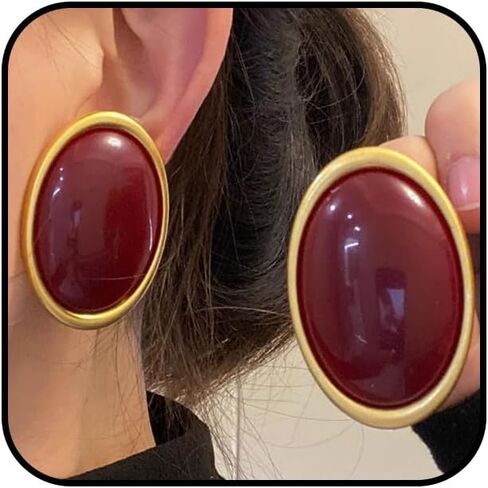 Vintage Large Gold Chunky Oval Black Resin Stud Earrings for Women, Retro Trendy Big Green Turquoise Earring Minimalist Party Jewelry Gift Accessories in Kuwait