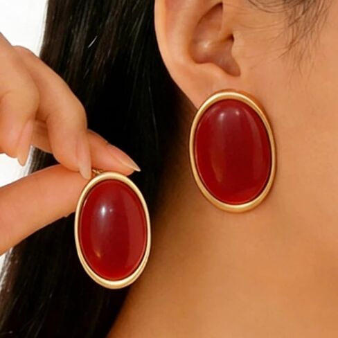 Vintage Large Gold Chunky Oval Black Resin Stud Earrings for Women, Retro Trendy Big Green Turquoise Earring Minimalist Party Jewelry Gift Accessories in Kuwait