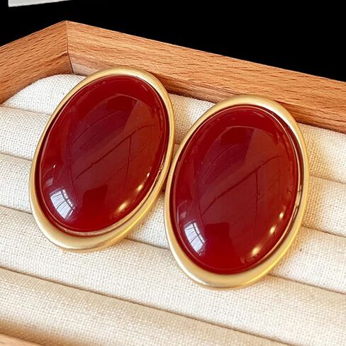 Vintage Large Gold Chunky Oval Black Resin Stud Earrings for Women, Retro Trendy Big Green Turquoise Earring Minimalist Party Jewelry Gift Accessories in Kuwait