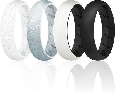 ROQ Silicone Rubber Wedding Ring for Women, Rubber Silicone Wedding Band, Bridal Jewelry Set, Anniversary Rings, Promise Ring, 5.5mm Wide 2mm Thick, 4 Pack, Black, White, Silver, Size 11 in Saudi Arabia