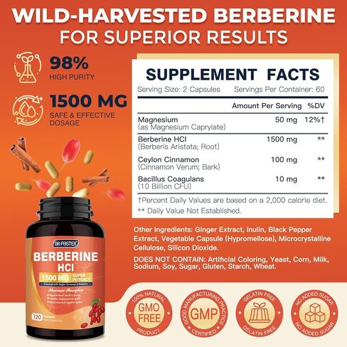 DRFOSTER Berberine HCL 1500mg, Berberine Supplement with Ceylon Cinnamon, Magnesium & Probiotics - Supports Gut Health & Immune System, Non-GMO, 120 Capsules in Kuwait