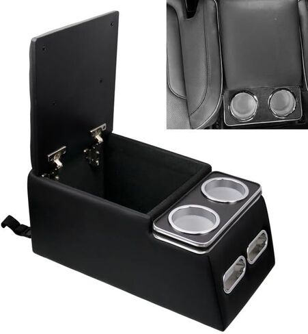 Black Universal Truck Seat/Bench Organizer with LED Light, USB Port, Cup Holders, Armrest, Padded Top Lid - Ideal for Business Upgrade Center Console Organizerand in Saudi Arabia