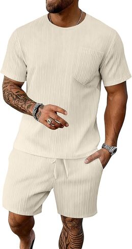 Bealin Men's Summer Beach Outfits 2 Piece Vintage Short Sleeve T Shirts and Shorts Vacation Texture Sets in Saudi Arabia