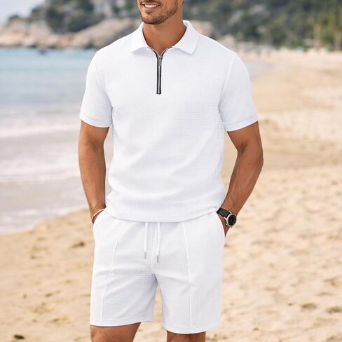 Men's 2-Piece Polo Set: Short Sleeve Shirt & Shorts | Zip Collar Loose Fit Tracksuit - L in Saudi Arabia