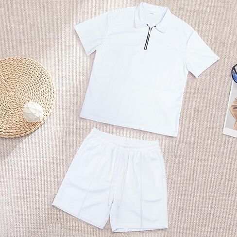 Men's 2-Piece Polo Set: Short Sleeve Shirt & Shorts | Zip Collar Loose Fit Tracksuit - L in Saudi Arabia