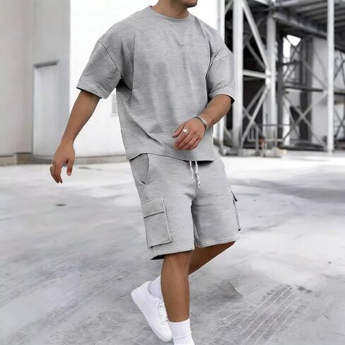 Men’s Summer Clothing Set - Oversized T-Shirt & Cargo Shorts 2-Piece Casual Athletic Outfit in Saudi Arabia
