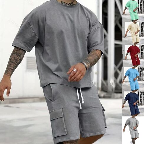 Men’s Summer Clothing Set - Oversized T-Shirt & Cargo Shorts 2-Piece Casual Athletic Outfit in Saudi Arabia