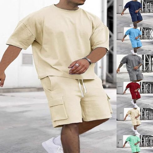 Men’s Summer Clothing Set - Oversized T-Shirt & Cargo Shorts 2-Piece Casual Athletic Outfit in Saudi Arabia