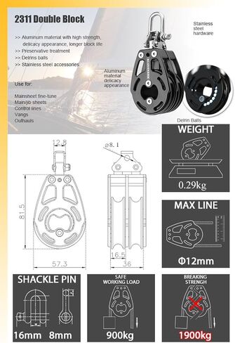 Blue Shark 2311-57 mm Fixed Double Aluminum Sailing Block - Max Line: 7/16" (12 mm), Safe Working Load (SWL): 1980 lbs (900kg), Breaking Load: 4180 lbs (1900 kg) in Kuwait