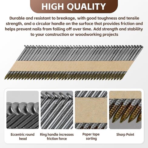 34 Degree Framing Nails,3"×.122"Ring Shank,D Head Nail,Anti-rust coating Paper Tape Strip Nails,1,000 Count in Saudi Arabia