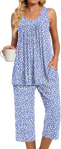 TAOHUADAO Womens Summer 2 Piece Pajama Sets, Sleeveless Tops with Capri Pants, Lounge Ladies Pjs Sets with Pockets in Kuwait