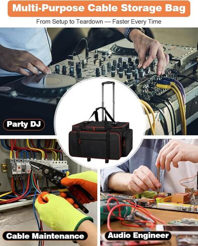 حقيبة كابل DJ كبيرة متدحرجة مع جيب للكمبيوتر المحمول والميكروفون، حقيبة معدات DJ مع فواصل وعربة قابلة للفصل، حقيبة مبطنة لتنظيم الكابلات، حقيبة أزعج مقاومة للماء لـ DJ الاحترافي، معدات الموسيقى والسفر in Kuwait