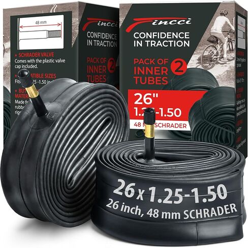 FINCCI 26 × 1.25/1.50 بوصة أنبوب داخلي للدراجة - صمام شريدر 48 مم - مطاط بوتيل ، جبل ، هجين ودراجات على الطرق - حزمة 2 in Saudi Arabia