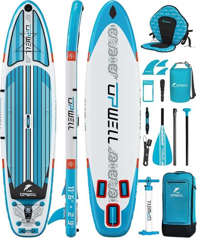 لوح مجداف واقف مقاس 11'2"/11'6" من UPWELL للشباب والكبار، لوح مجداف قابل للنفخ بتصميم ثابت، ملحقات SUP ممتازة، حقيبة ظهر، مجداف، سلسلة، مضخة، زعانف in Kuwait