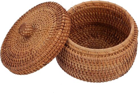 Handwoven Rattan Storage Box with Lid, Small Round Wicker Basket for Desktop Organization, Bathroom Shelf, Dresser, Natural Boho Home Decor Organizer in Saudi Arabia
