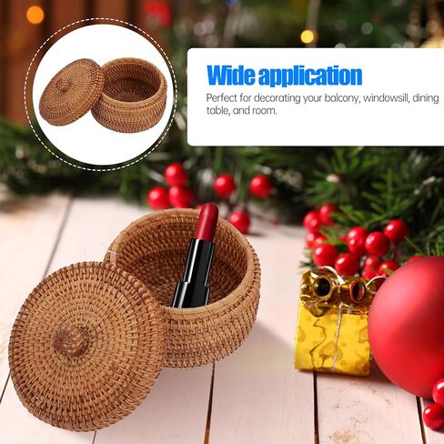 Handwoven Rattan Storage Box with Lid, Small Round Wicker Basket for Desktop Organization, Bathroom Shelf, Dresser, Natural Boho Home Decor Organizer in Saudi Arabia